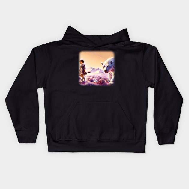 Warrior girl walking next to a polar bear Kids Hoodie by Perryfranken